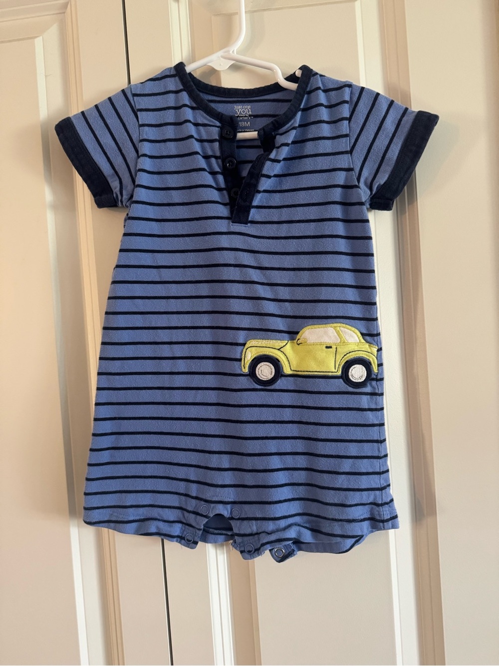 You Baby Blue Striped Romper with Yellow Car Applique